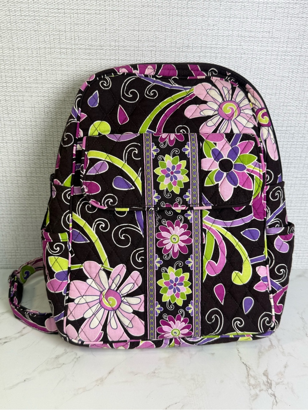 Vera Bradley Purple Punch Backpack Quilted Brown Pink Floral Bag EUC School Work